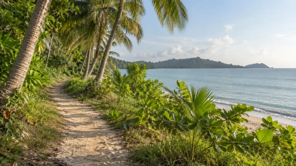 Sentier de terre bordé de végétation tropicale menant vers la mer.