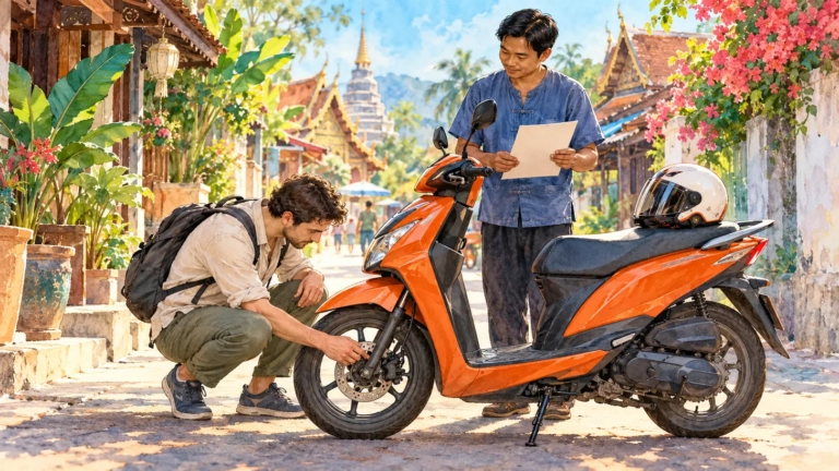Illustration d’un voyageur examinant le frein avant d’un scooter orange avant sa location en Thaïlande.