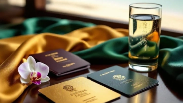 A luxury flat lay of Thailand Privilege Cards in gold, platinum, and black on a dark wood surface with Thai silk, an orchid,