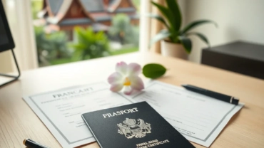 A flat lay of a French passport, Thai marriage certificate, pen, and orchid on a wooden desk with a blurred view of a Thai te