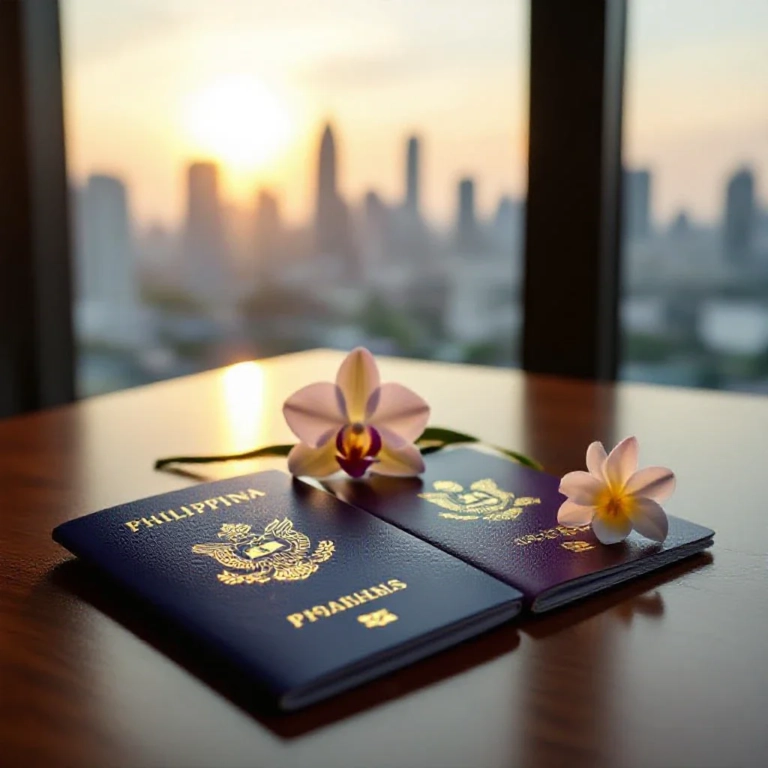 A Philippine passport and a Thai passport on a desk with a map of Southeast Asia in the background, orchids and sampaguita fl