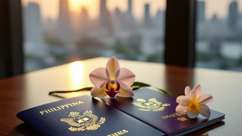 A Philippine passport and a Thai passport on a desk with a map of Southeast Asia in the background, orchids and sampaguita fl