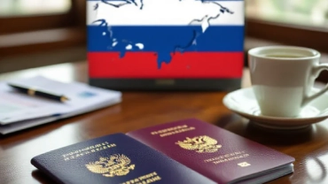 A Russian passport and a Thai passport on a wooden desk with a map of Thailand and Russia in the background, symbolizing visa