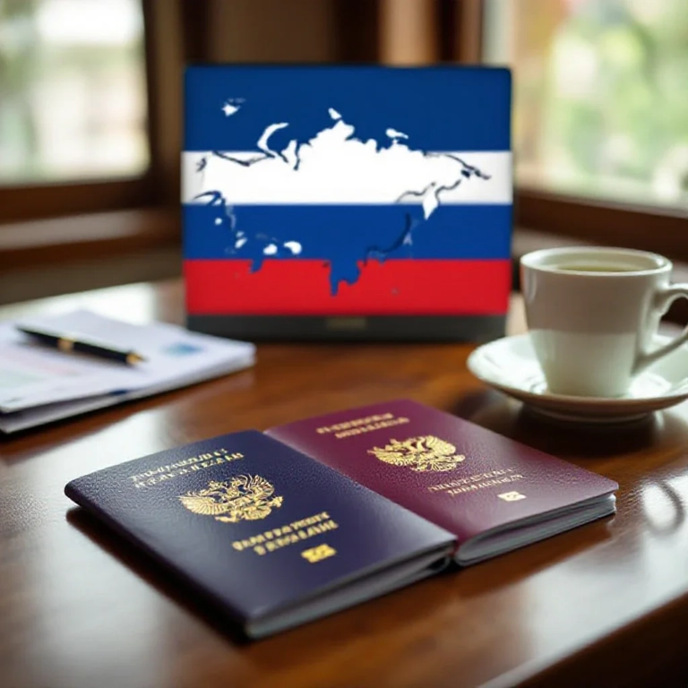 A Russian passport and a Thai passport on a wooden desk with a map of Thailand and Russia in the background, symbolizing visa