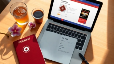 Flat lay composition featuring a Tunisian passport, a laptop showing a Thai visa application, a cup of Thai iced tea, and an