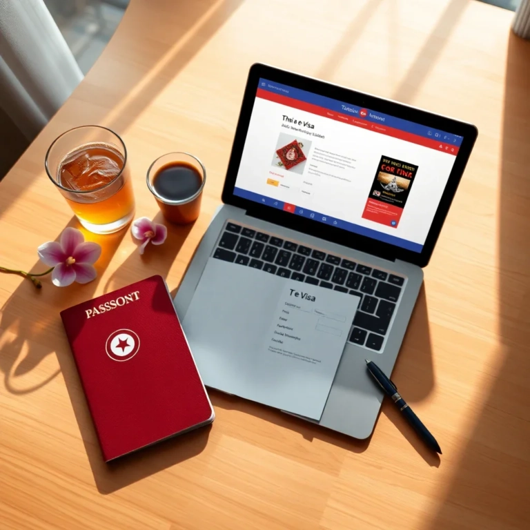 Flat lay composition featuring a Tunisian passport, a laptop showing a Thai visa application, a cup of Thai iced tea, and an