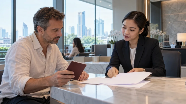 Un client échange avec une conseillère d’agence devant des documents bancaires.