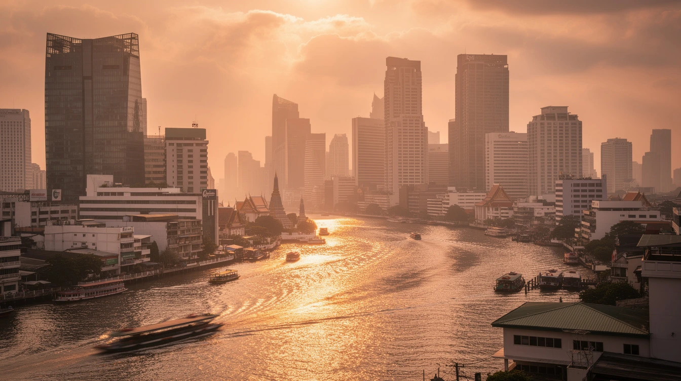Le fleuve Chao Phraya et les tours de Riverside à Bangkok