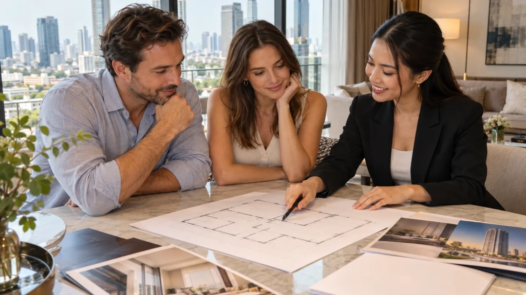 Trois personnes examinent un plan d’architecte et des photos immobilières sur une table en marbre, dans un appartement avec vue sur une ville.