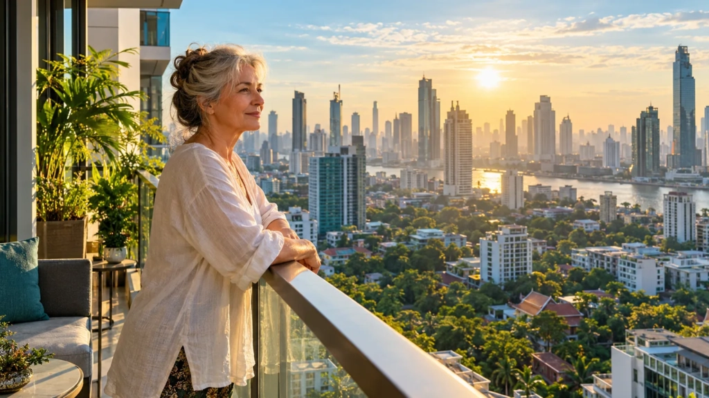 Femme aux cheveux gris regardant une ville et un fleuve depuis un balcon végétalisé