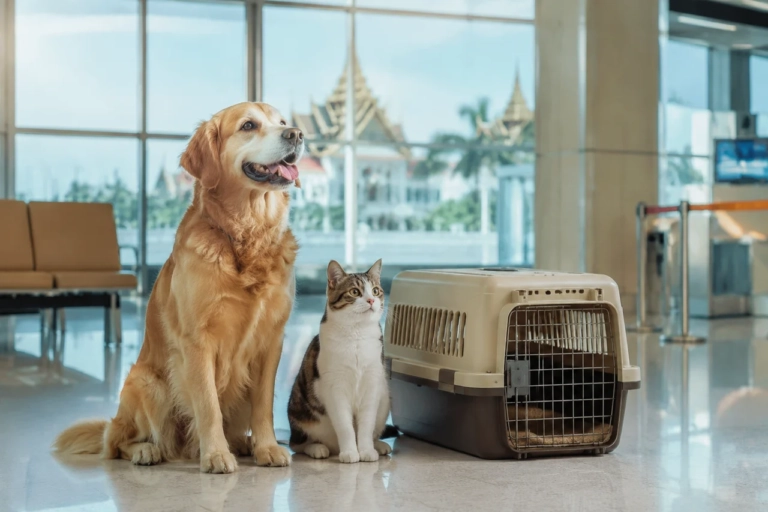Chien et chat avec une caisse de transport dans une clinique vétérinaire en Thaïlande