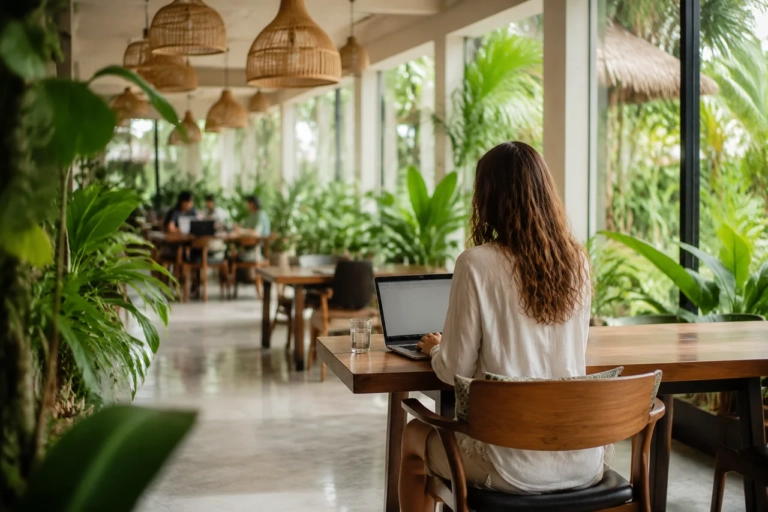 Digital nomad travaillant sur un laptop dans un espace de coworking tropical en Thaïlande