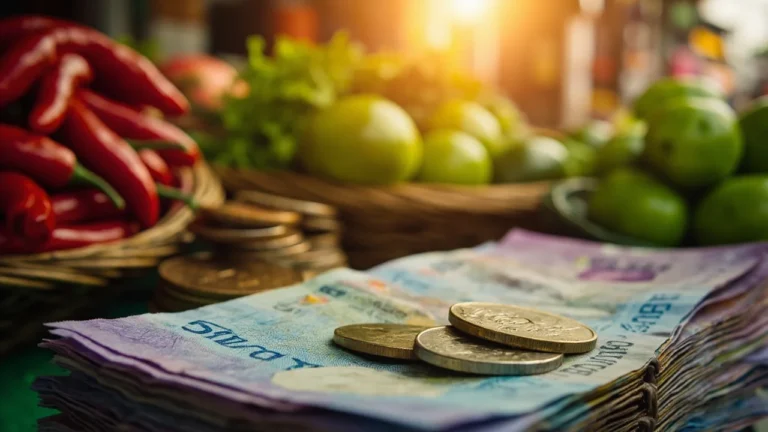 Marché thaïlandais avec billets et pièces en bahts, budget quotidien en Thaïlande