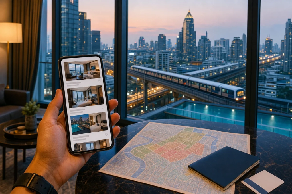 A traveler reviews short-term rental options from a Bangkok high-rise apartment overlooking the city at dusk.