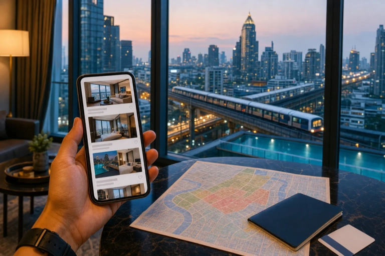 A traveler reviews short-term rental options from a Bangkok high-rise apartment overlooking the city at dusk.