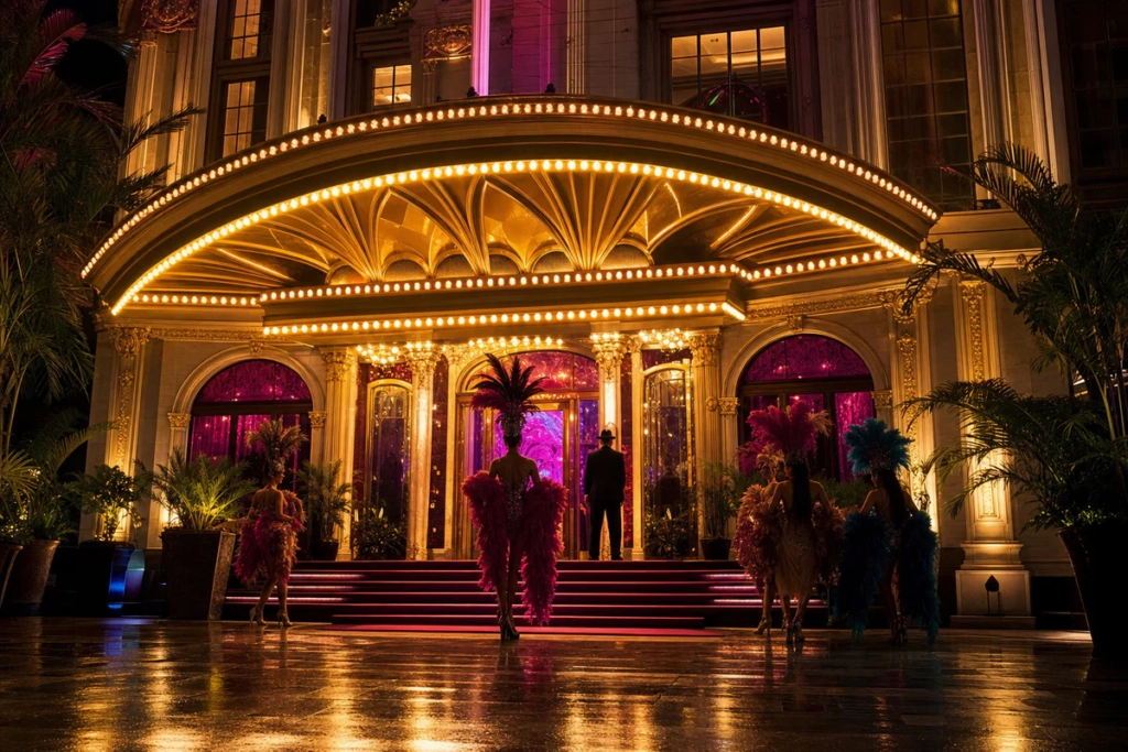 Elegant cabaret theater scene in Pattaya at night with colorful stage lighting and performers in glamorous costumes.