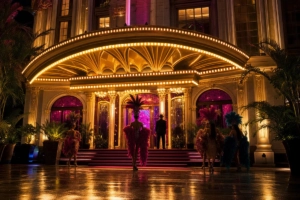 Elegant cabaret theater scene in Pattaya at night with colorful stage lighting and performers in glamorous costumes.