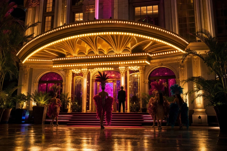 Elegant cabaret theater scene in Pattaya at night with colorful stage lighting and performers in glamorous costumes.