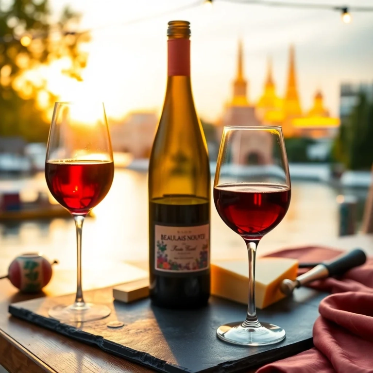 A glass of Beaujolais Nouveau wine in the foreground with a blurred background of Bangkok's Chao Phraya River and golden temp