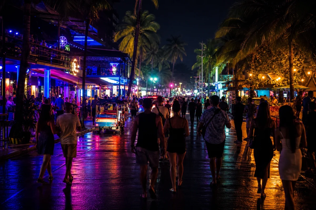 Rue animée de Phuket la nuit avec néons, palmiers et voyageurs devant des clubs, sans texte visible.