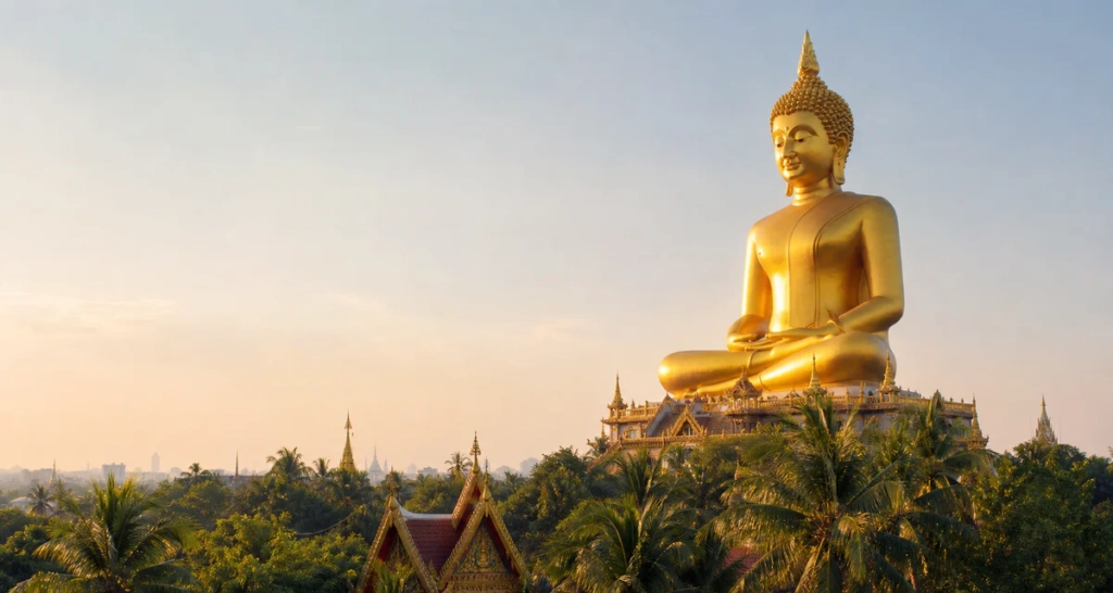Grand Bouddha doré en Thaïlande dominant des palmiers et des toits de temple sous une lumière matinale.