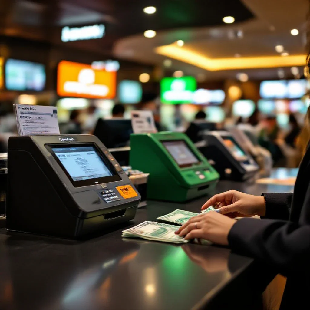 Close-up of a currency exchange transaction at a modern SuperRich counter in Bangkok, showing Euro banknotes being exchanged