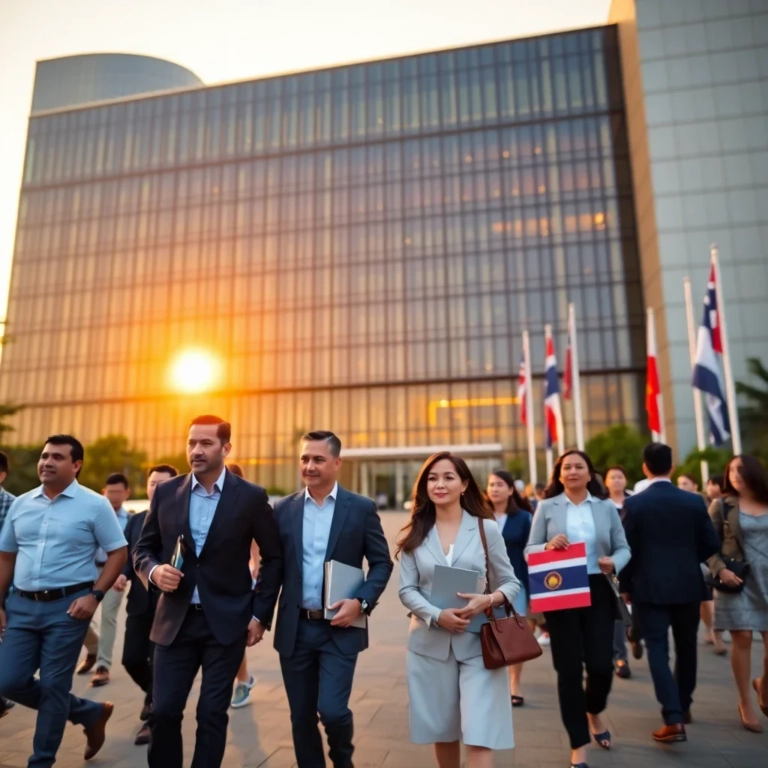 Modern exterior of the Bangkok Immigration Bureau at Chaeng Wattana Government Complex during sunset, with expatriates walkin