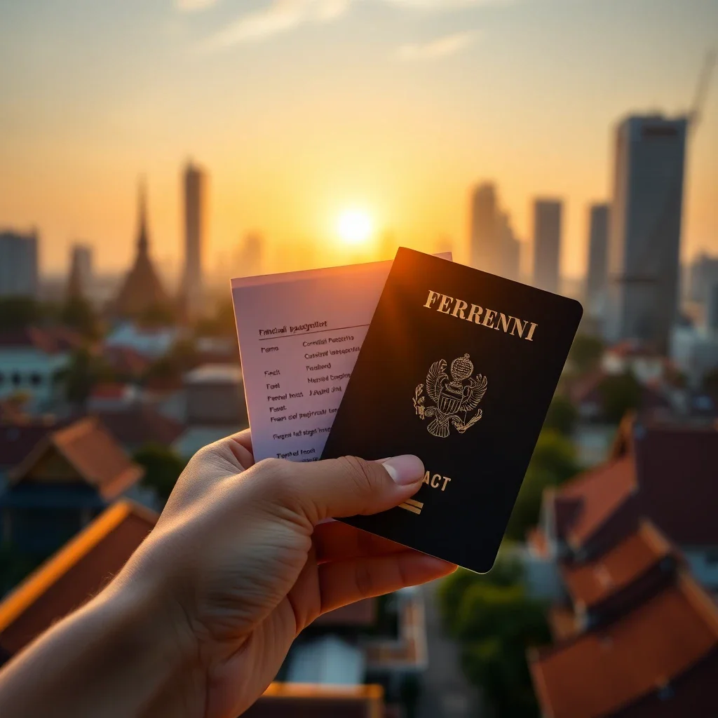 Close-up of hands holding a French passport with a soft-focus Bangkok skyline in the background, symbolizing consular registr