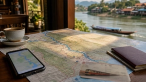 Unfolded travel map of Thailand and Laos on a cafe table with route planning items beside it, evoking border crossings and re