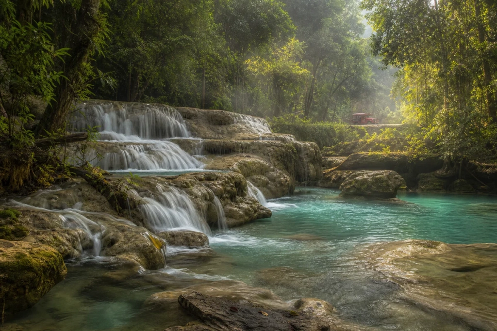 A lush waterfall near Chiang Mai surrounded by tropical forest and limestone rocks, with a red songthaew visible in the dista