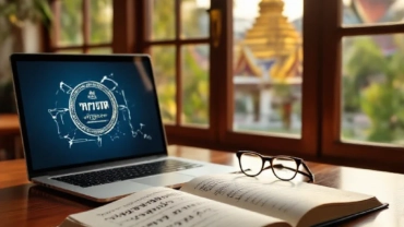 A bright, modern classroom in Thailand with a notebook showing Thai handwriting practice and a laptop, symbolizing the proces