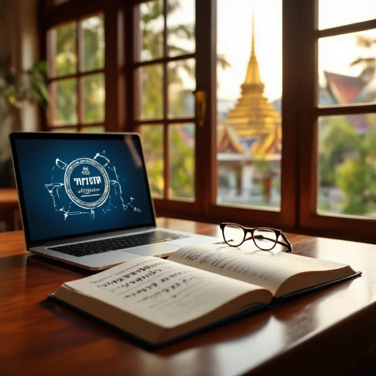 A bright, modern classroom in Thailand with a notebook showing Thai handwriting practice and a laptop, symbolizing the proces