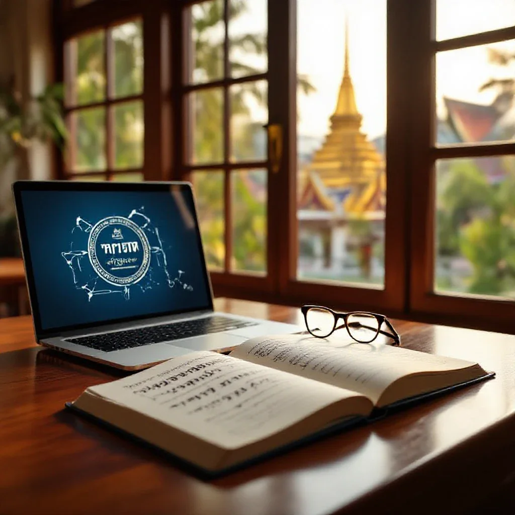 A bright, modern classroom in Thailand with a notebook showing Thai handwriting practice and a laptop, symbolizing the proces