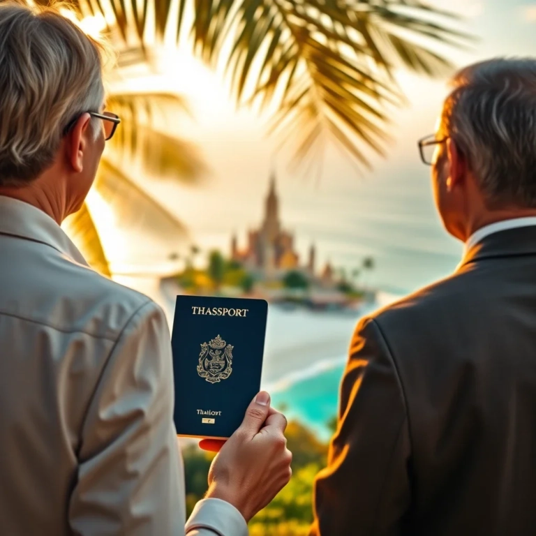 A French couple seen from behind, holding a passport, looking out over a Thai beach and a golden temple at sunset, symbolizin