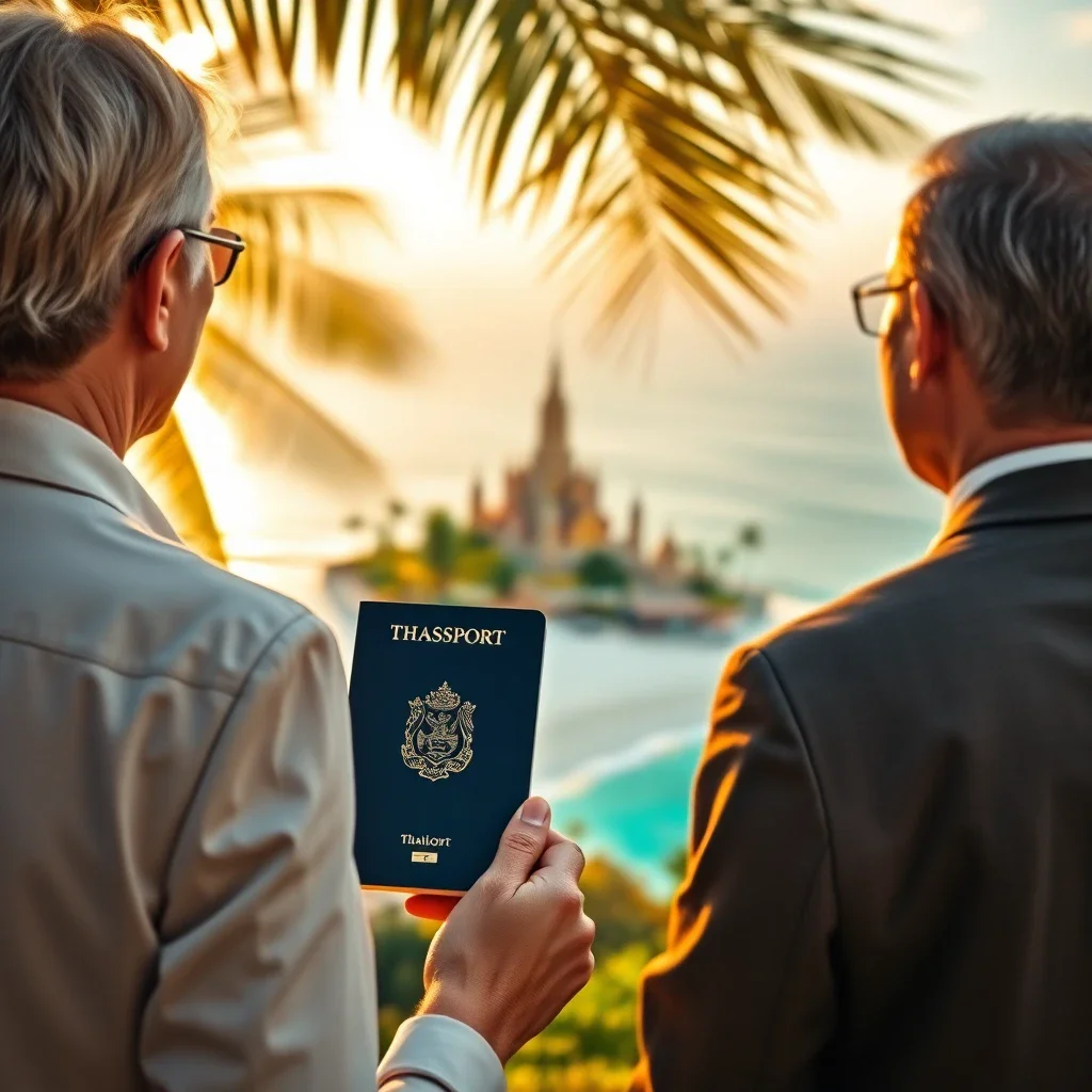 A French couple seen from behind, holding a passport, looking out over a Thai beach and a golden temple at sunset, symbolizin