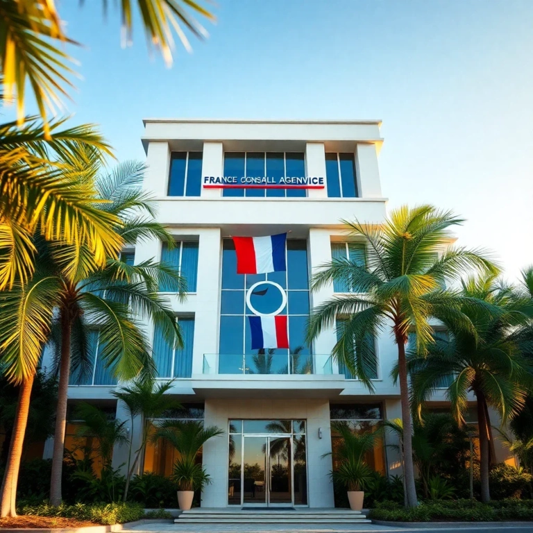 Exterior view of the French Consular Agency building in Phuket, Thailand, featuring tropical surroundings and a French flag,