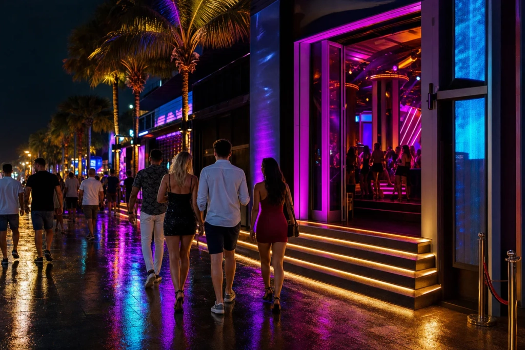Nightlife scene on Pattaya Walking Street with neon lights, nightclub entrance, and travelers heading out to dance.