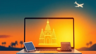 A laptop with a glowing golden temple icon floating above it, a calculator and Thai baht coins, symbolizing the cost and proc
