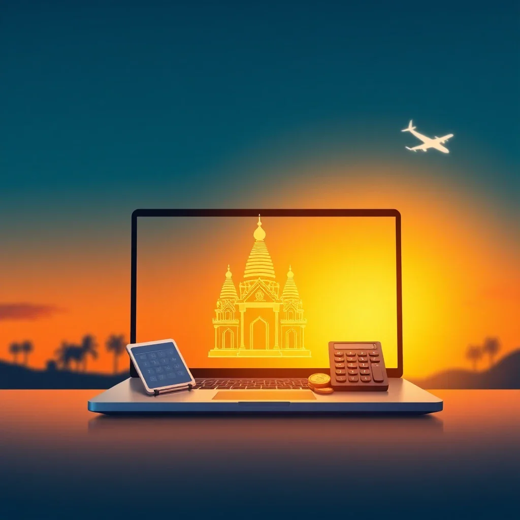 A laptop with a glowing golden temple icon floating above it, a calculator and Thai baht coins, symbolizing the cost and proc