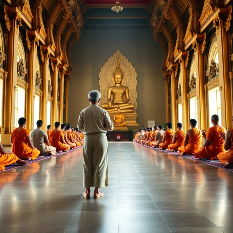 A respectful tourist in modest attire performing a wai greeting inside a peaceful Thai temple, with monks meditating before a
