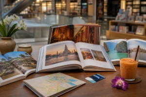 Open books about Thailand arranged on a table with subtle travel and cultural objects in a modern bookstore setting.