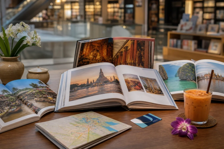 Open books about Thailand arranged on a table with subtle travel and cultural objects in a modern bookstore setting.