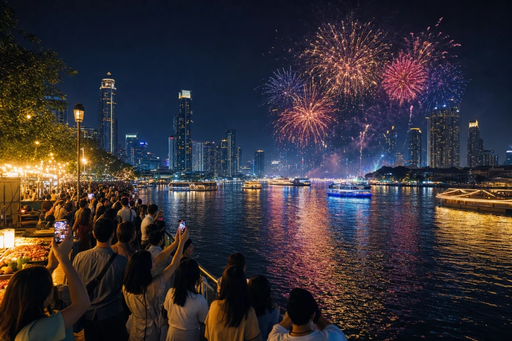 Fireworks over Bangkok's Chao Phraya River on New Year's Eve with crowds watching from the riverside.