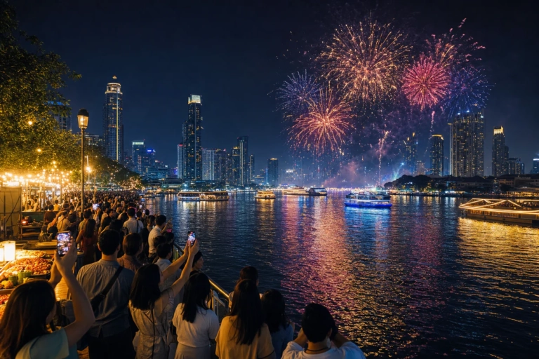Fireworks over Bangkok's Chao Phraya River on New Year's Eve with crowds watching from the riverside.