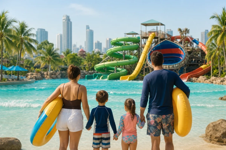 Famille dans un parc aquatique moderne à Bangkok avec piscine à vagues, toboggans colorés et skyline urbaine en arrière-plan.