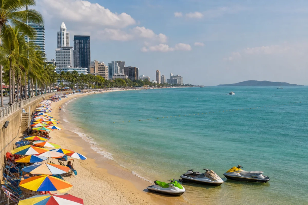 Vue réaliste de la plage de Pattaya avec parasols, promenade, jet-skis et mer turquoise vers une île au loin.