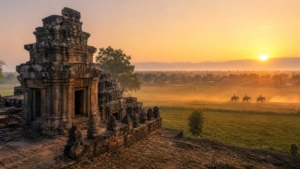 Ancien temple khmer au lever du soleil dans la campagne de Surin, avec rizières et éléphants au loin.