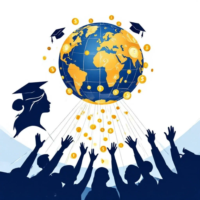 Abstract illustration of a globe made of coins and graduation caps, funded by a blue beam and smaller gold streams, symbolizi