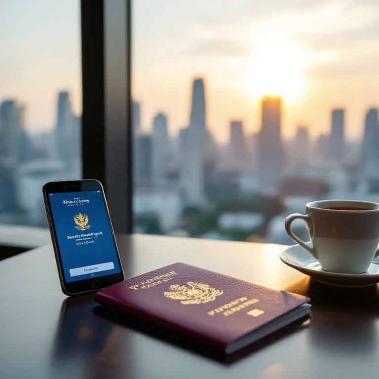 French passport on a modern desk with Bangkok skyline in the background, representing passport renewal at the French Embassy
