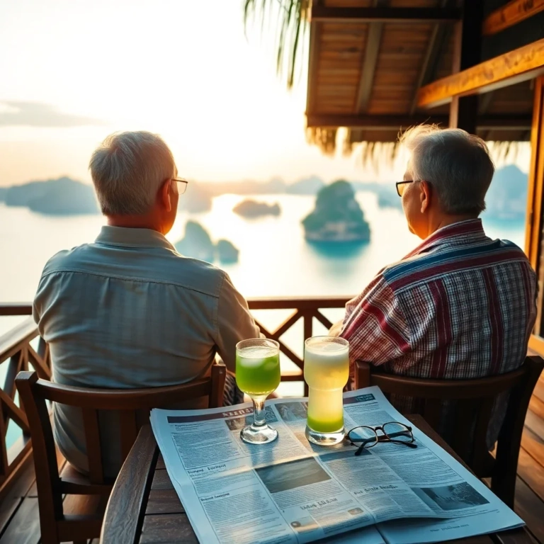 A serene couple viewed from behind, relaxing on a wooden terrace overlooking a tropical Thai bay at sunset, symbolizing a pea